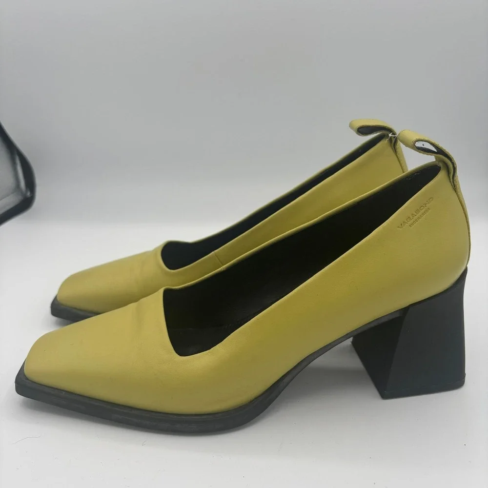 Vagabond Hedda Pumps Sz 39 Yellow Green Chartreuse Square Toe Block Heel Retro - Picture 3 of 12